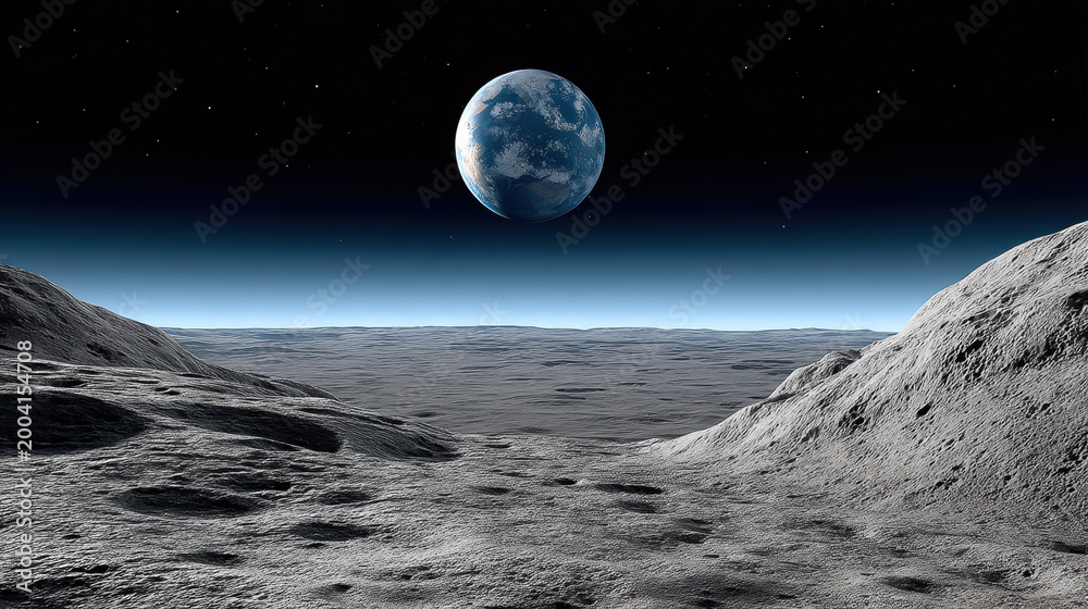 Fototapeta premium Dramatic view from lunar surface with Earth rising, rocky terrain, deep shadows, high contrast, cosmic landscape, serene atmosphere