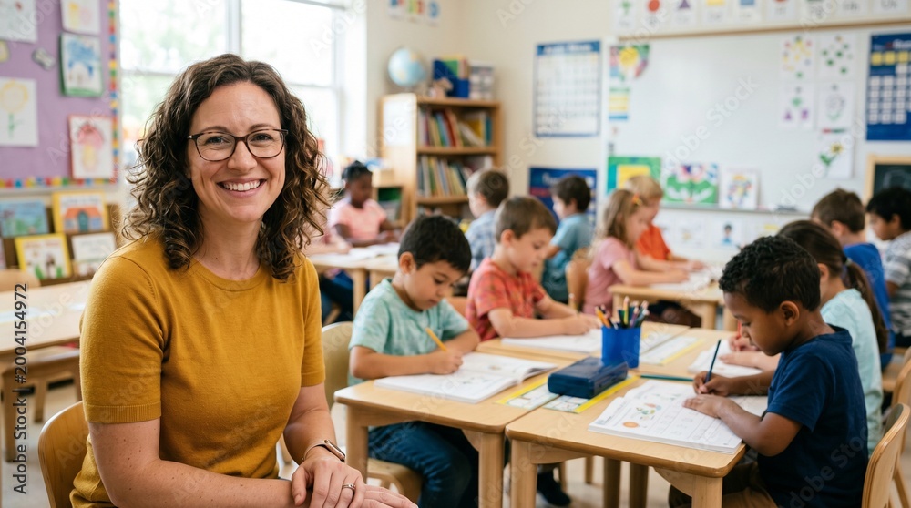 Obraz premium Portrait of friendly female teacher wearing glasses in bright classroom with elementary students, education and tutoring concept