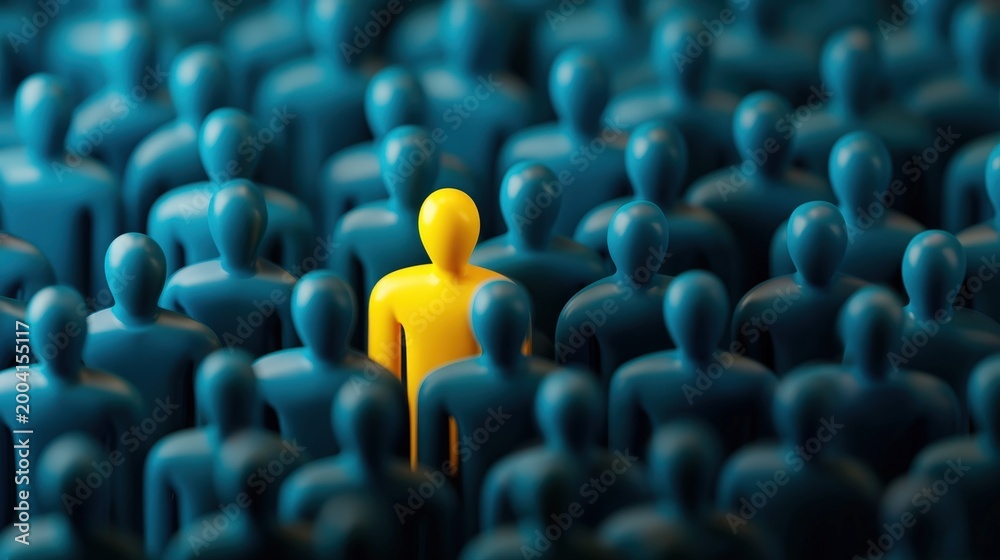 Fototapeta premium A single yellow figure stands out among a crowd of blue figures, symbolizing uniqueness and individuality.