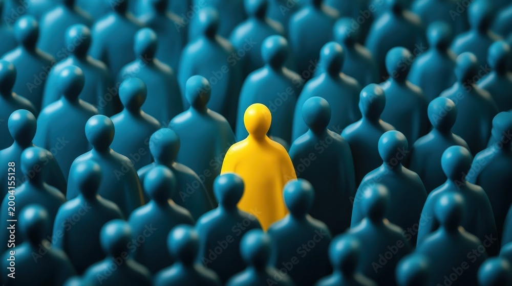 Obraz premium A single yellow figure stands out among a crowd of identical blue figures, symbolizing individuality and uniqueness.