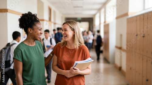 Cheerful diverse female educators walking and laughing in school corridor with lockers holding books education career concept