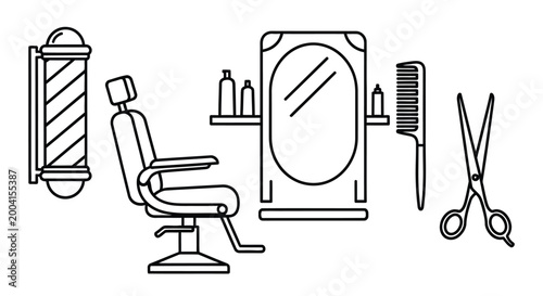 barber shop tools and furniture in black line art style