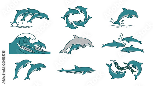 Dolphin icon set collection, marine animal vector illustrations in flat line style showing jumping, swimming and playing sea creatures for aquatic wildlife designs, ocean conservation graphic elements