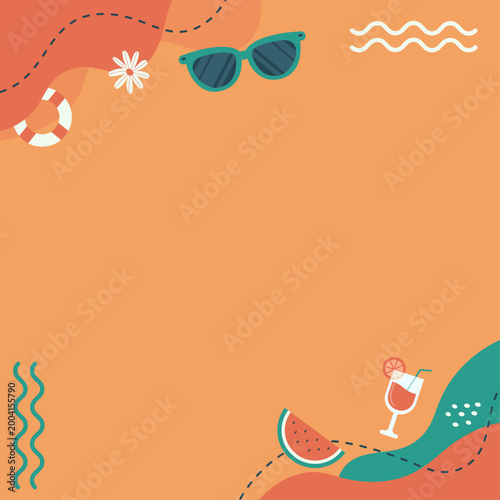 Fond estival orange avec grand espace texte et éléments de plage minimalistes. Idéal pour réseaux sociaux, promotions, affiches et visuels marketing estivaux. Eté,  lunettes, pastèque, cocktail, bouée