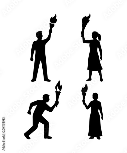 People silhouettes set holding blazing torch achieving success leadership