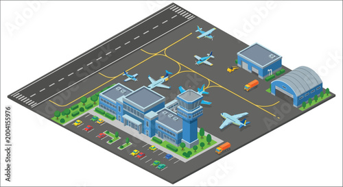 Isometric airport illustration with planes and buildings