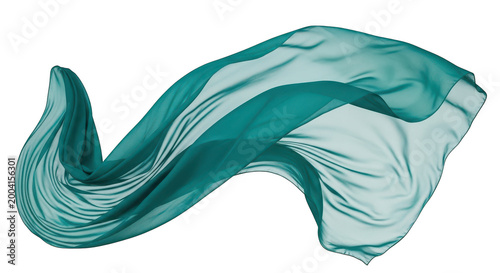 Teal colored fabric flowing in motion isolated on transparent background