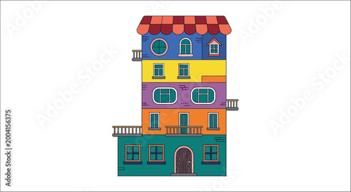 Colorful building illustration with striped awning and stacked floors