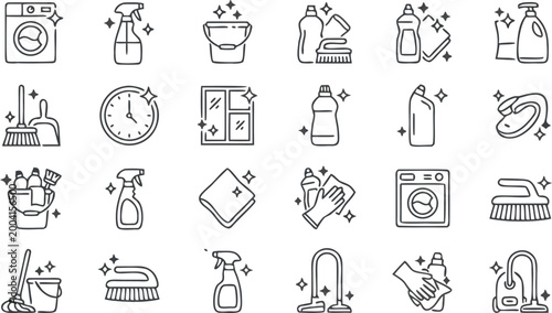 Tableau sur toile Comprehensive set of cleaning and housekeeping line icons including laundry supplies sanitation tools and professional janitorial equipment