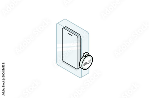 スマホをタイマー式ケースに入れる様子のアイソメトリックイラスト