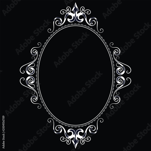 Ornate silver oval frame on dark background a decorative design element