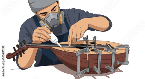 Fotografie Professional luthier repairing a traditional oud instrument in a workshop illust