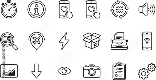 Valokuva Set of miscellaneous thin line icons including technology business travel social
