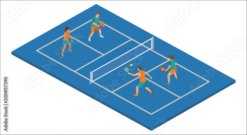 Isometric illustration of a badminton court with players in action