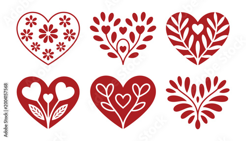 Heart Folk Art Icons Set Love Floral Decorative Vector Collection