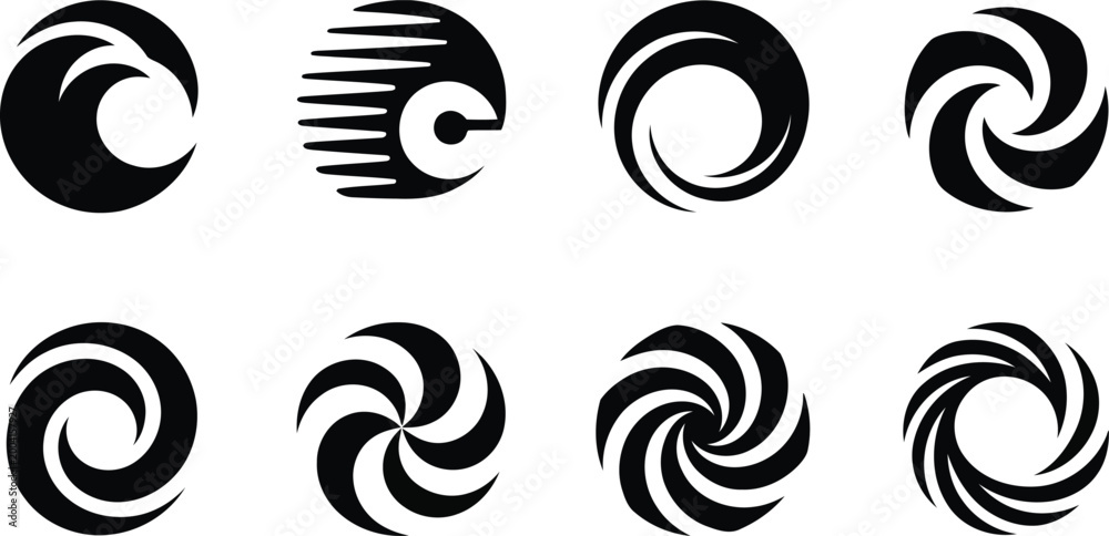 Fototapeta premium Versatile collection of black circular vortex shapes and speed motion icons for creative branding concepts