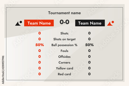 Soccer match statistics infographic template with score board, team comparison of shots, cards and ball possession on light background