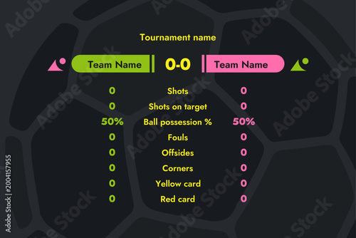 Soccer match statistics infographic template with neon score board, team comparison of shots and ball possession on dark ball texture background