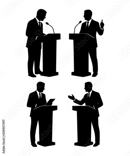 Political candidates debating at podiums speaking publicly solhouette