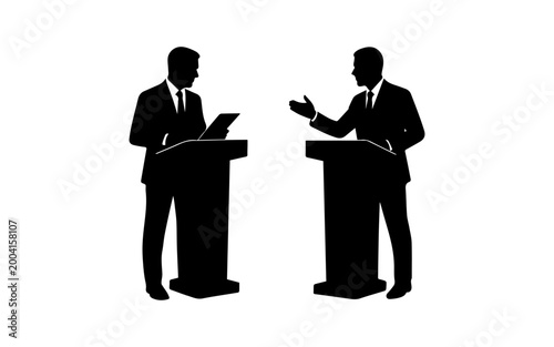 Political candidates debating at podiums speaking publicly solhouette