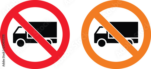 No trucks allowed prohibition signs, bold red and yellow vector set showing truck restriction symbols for traffic control safety and road regulation graphics.