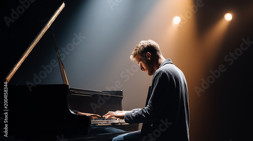 Focused young male pianist playing grand piano on a dimly lit stage with dramatic spotlight.