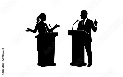 Political candidates debating at podiums speaking publicly