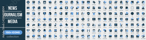 News, journalism and media icon collection in colored style. Set of news, journalism, media, press, communication, broadcast and information icons