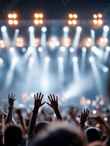 Crowd at a live concert with raised hands and bright stage lights in the background.