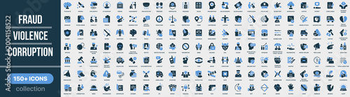 Fraud, violence and corruption icon collection in colored style. Set of fraud, violence, corruption, crime, security, danger and illegal activity icons