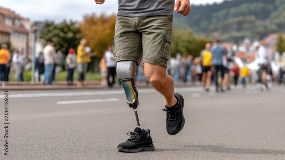 Fototapeta premium Man walking with prosthetic leg on a road outdoors, rehabilitation and mobility, independence and active lifestyle.