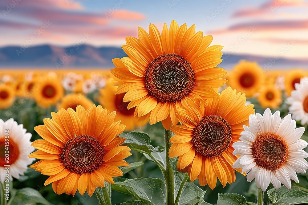 Obraz premium Golden sunflowers in a vast field at sunset with vibrant petals and scenic mountain horizon