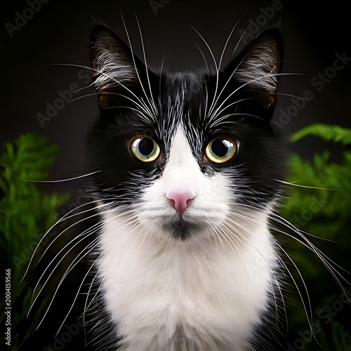 Close-up portrait of a black and white cat's face