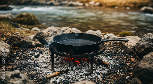 Cast iron skillet on a campfire grill by a rocky riverbank