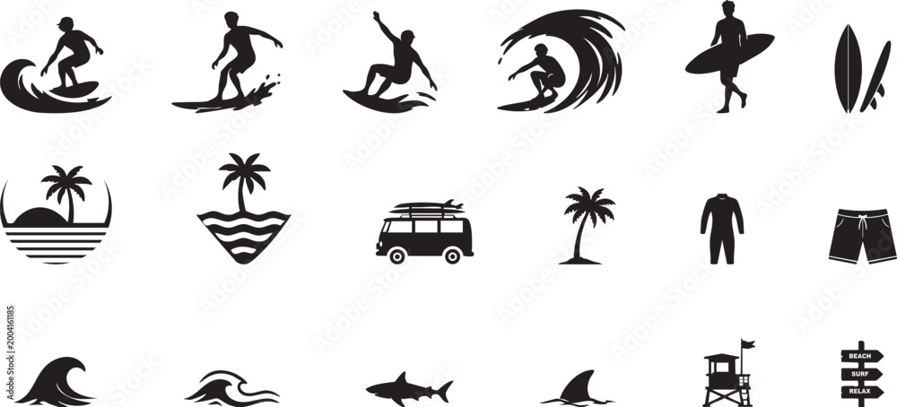 Fototapeta premium Surfing Icons Set – Beach, Waves & Summer Silhouette Collection