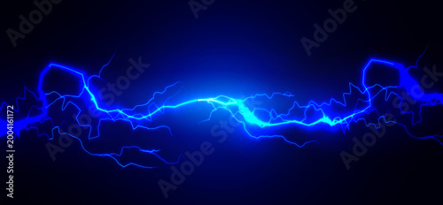 Blue lightning bolt streaks thunderbolt on dark background, glowing electric arc. High-energy tech banner for gaming, web header, poster, wallpaper, presentations. Vector illustration.