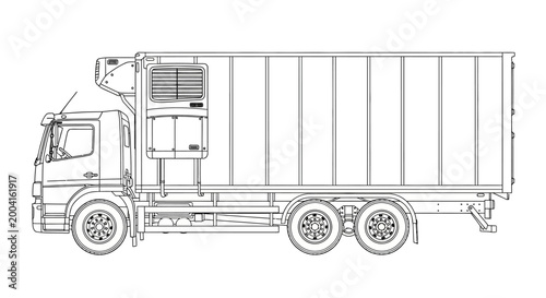 Detailed line drawing of a refrigerated truck, showcasing its mechanical components and cargo box.
