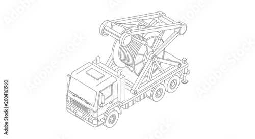 Isometric line drawing of a heavy-duty truck equipped with a large cable reel for industrial cable deployment and management.