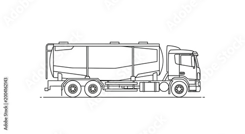 Line art illustration of a tanker truck, a heavy-duty vehicle designed for transporting liquids or gases in bulk.