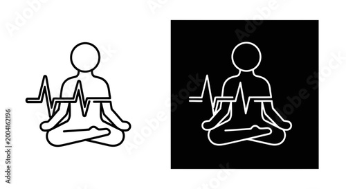 Meditation icon set with heartbeat pulse line, outline and glyph style, white background