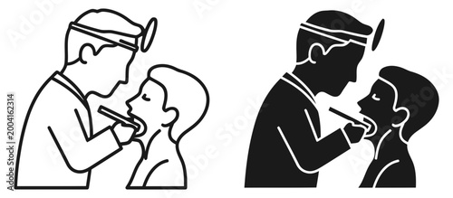 Doctor examining patient icon set, outline and solid silhouette styles, white background