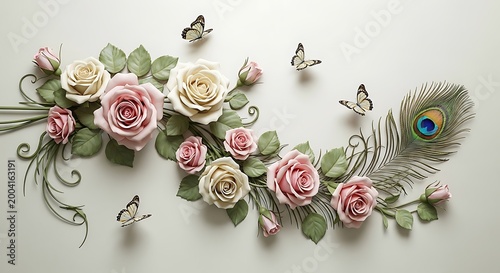 3D floral wallpaper with roses, peacock feather and butterflies