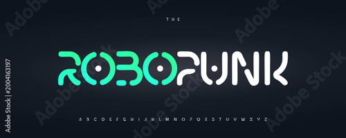 AI Robotic Tech Font Logo Stencil Alphabet, Unusual Rounded Letter Set Modern Typography for Digital Technology, Sci-fi Game, HUD Headlines and Logos. Techno Future Typographic Design. Vector symbols