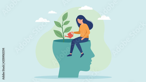 Calm woman waters a growing plant inside an open head silhouette, representing mental wellness, self care, mindfulness, healing, and personal growth
