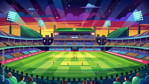 Soccer stadium at sunset with bright floodlights and crowd in a flat style pitch