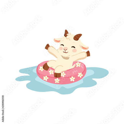 adorable goat character enjoying water in a pool ring on a bright summer day,
