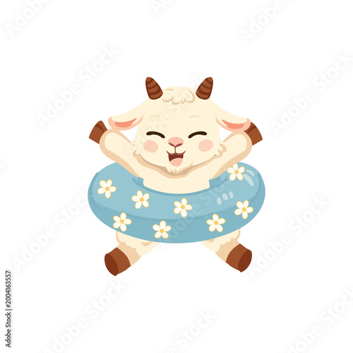 adorable cartoon goat wearing inflatable ring happy farm animal illustration for nursery art summer theme and playful design