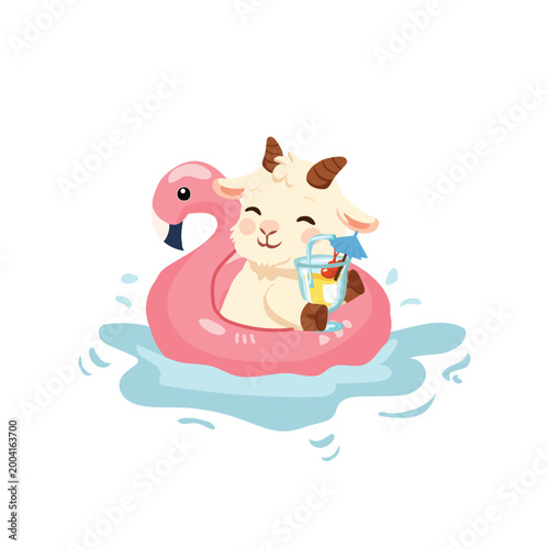 summer goat character on pink flamingo pool float holding cocktail relaxing vacation tropical themed illustration