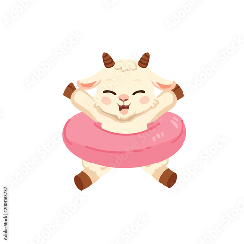 cute goat cartoon character with pink swim ring playful animal illustration summer pool concept