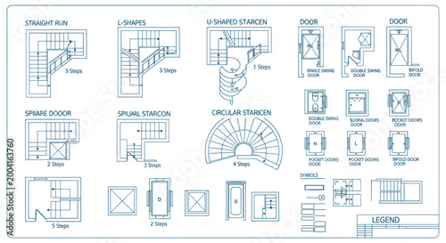 Architectural blueprint of various staircase and door designs, Generative AI.